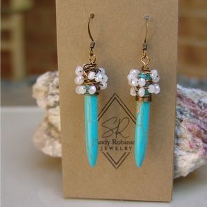Handcrafted Earrings Magnesite Turquoise Colored Dagger and Crystal Wrapped
